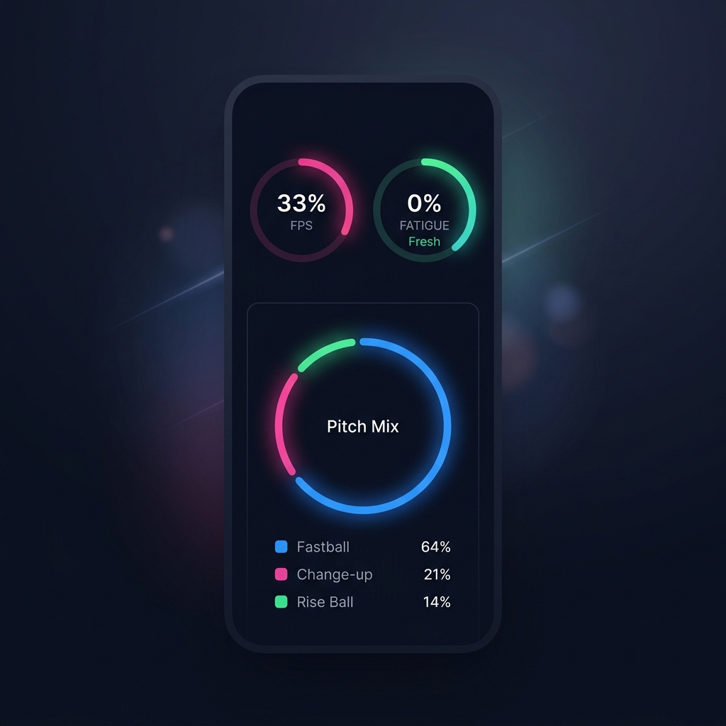 Analytics Dashboard showing FPS gauge, fatigue gauge, and pitch mix donut chart