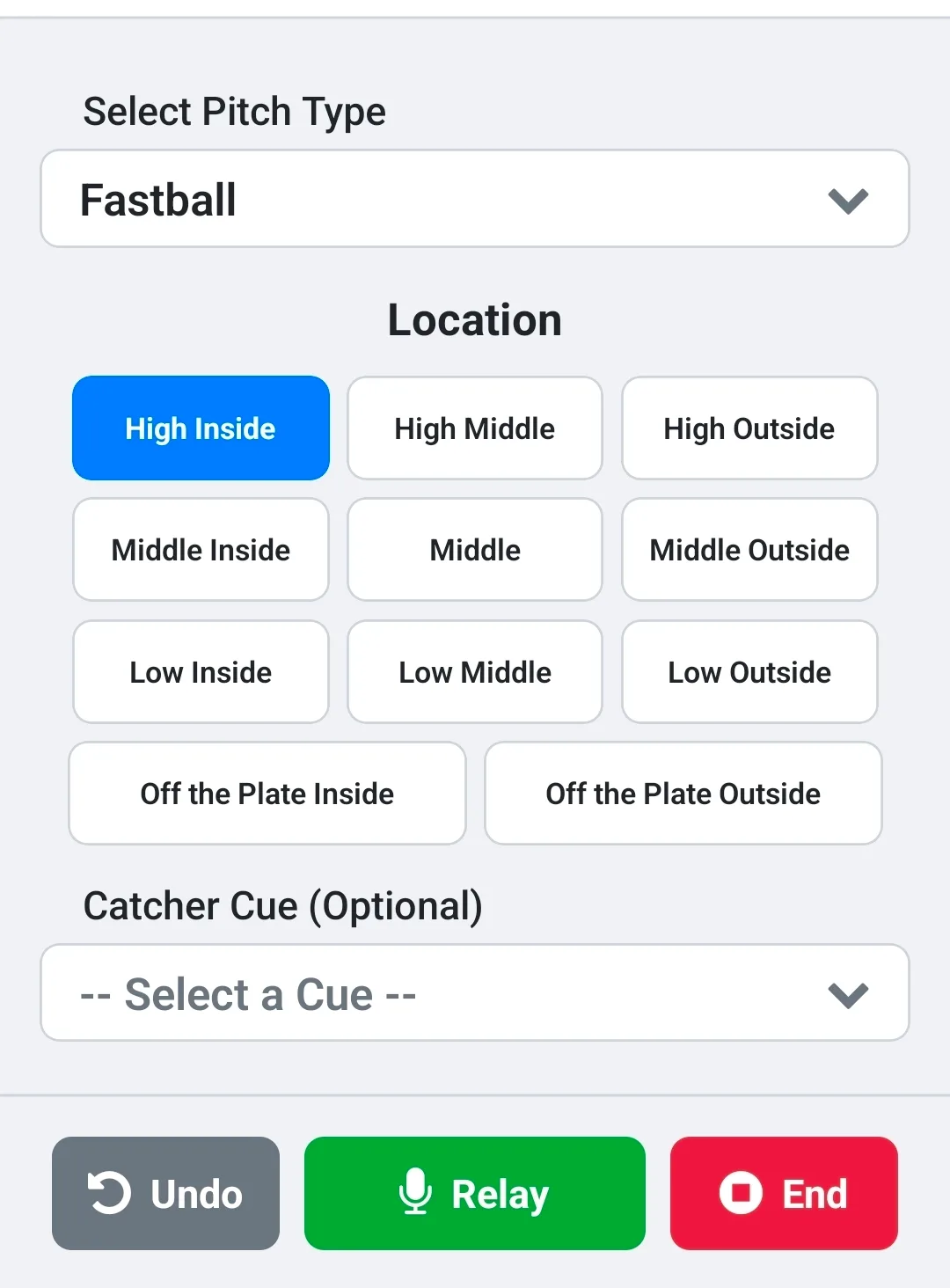 Relay-9 pitch-calling screen showing the pitch list and 9-zone strike zone grid
